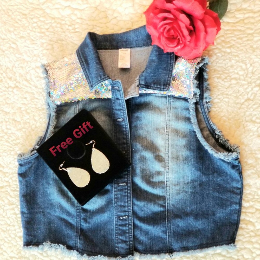 Sleeveless Sequin Embellished Denim Jacket/Vest